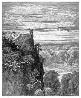 Satan Overlooking Paradise engraving 1885 Satan Overlooking Paradise engraving 1885