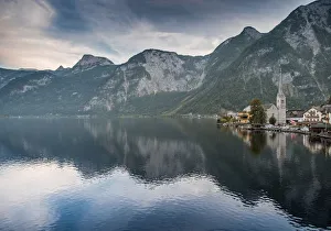Scenic of Hallstatt lake and Hallstatt village on Twilight time postcard view point Scenic of Hallstatt lake and Hallstatt village on Twilight time postcard view point