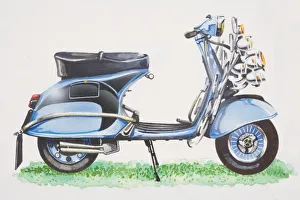 Scooter with many lights on front, side view Scooter with many lights on front, side view