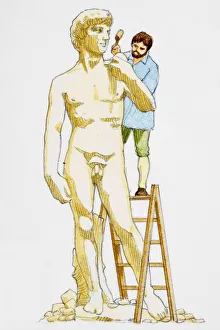 Sculptor adding finishing touches to monumental statue of nude man Sculptor adding finishing touches to monumental statue of nude man
