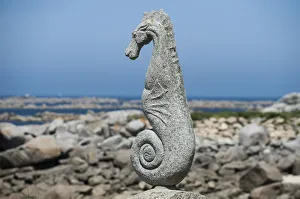 Sculpture of a seahorse, Plouescat, Cote des Abers, Brittany, France Sculpture of a seahorse, Plouescat, Cote des Abers, Brittany, France