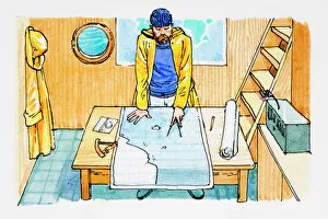 Seaman looking at sea map and holding pair of compasses Seaman looking at sea map and holding pair of compasses