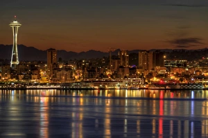 Seattle downtown skyline from alki beach dawn Seattle downtown skyline from alki beach dawn