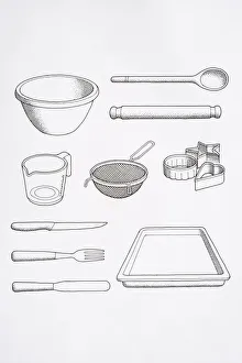 Selection of cooks utensils, including mixing bowl, spoon, rolling pin, knife, fork, palette knife, baking tray Selection of cooks utensils, including mixing bowl, spoon, rolling pin, knife, fork, palette knife, baking tray