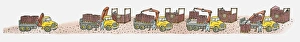 Sequence of illustrations of cargo containers on top of and being hoisted off heavy goods vehicles Sequence of illustrations of cargo containers on top of and being hoisted off heavy goods vehicles