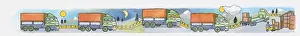Sequence of illustrations of delivery truck travelling on roads during day, night, and sunrise Sequence of illustrations of delivery truck travelling on roads during day, night, and sunrise