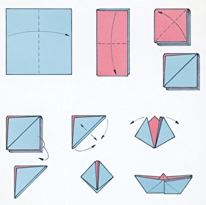 Sequence of illustrations showing how to make a pink and blue paper boat Sequence of illustrations showing how to make a pink and blue paper boat