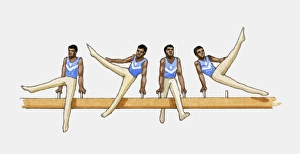Sequence of illustrations showing male gymnast competing on pommel horse Sequence of illustrations showing male gymnast competing on pommel horse