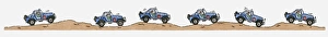 Sequence of illustrations showing off road vehicle traveling over sand dunes Sequence of illustrations showing off road vehicle traveling over sand dunes