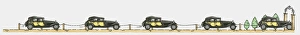 Sequence of illustrations showing Rolls Royce car travelling towards open gateway Sequence of illustrations showing Rolls Royce car travelling towards open gateway