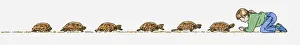 Sequence of illustrations showing tortoise slowly walking toward girl kneeling down Sequence of illustrations showing tortoise slowly walking toward girl kneeling down