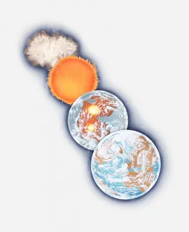 Series of illustrations showing formation of Planet Earth from cloud of gas and dust and ball of hot rock Series of illustrations showing formation of Planet Earth from cloud of gas and dust and ball of hot rock