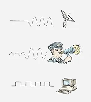 Series of illustrations showing oscillating current and radar telescope, sound wave and man using megaphone Series of illustrations showing oscillating current and radar telescope, sound wave and man using megaphone