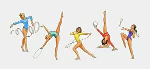 Teenager Gallery: Series of illustrations showing rhythmic gymnasts using the ribbon, hoop, ball, rope and clubs