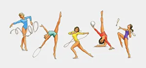 Series of illustrations showing rhythmic gymnasts using the ribbon, hoop, ball, rope and clubs Series of illustrations showing rhythmic gymnasts using the ribbon, hoop, ball, rope and clubs