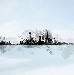 Related Images Collection: Shanghai skyline in a sunny day, ink painting style