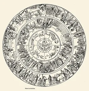 <b class=qtipBold><figcaption>Shield of Achilles</figcaption></b><br>Shield of Achilles froma design by M Quatremere de Quincy (1755-1849).The Shield of Achilles is the shield that Achilles uses in his fight with Hector, famously described in a passage in Book 18, lines 478a608 of Homer's Iliad. Shield of Achilles