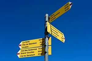 Signposts for hiking routes at the Cabane des Audannes, Bernese Alps, Canton of Valais Signposts for hiking routes at the Cabane des Audannes, Bernese Alps, Canton of Valais
