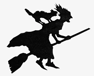 Broom Gallery: Sillouette of a witch riding on a broomstick with black cat on her back