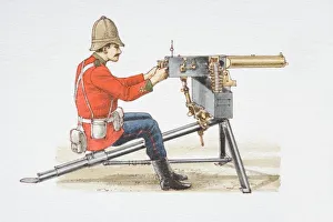 Sitting soldier loading 1885 Maxim machine gun, side view Sitting soldier loading 1885 Maxim machine gun, side view