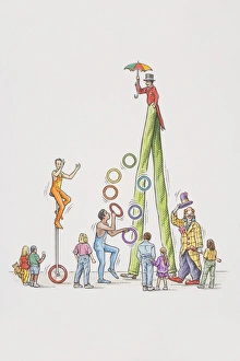 Small crowd watching four circus performers in the street, one cycling on unicycle Small crowd watching four circus performers in the street, one cycling on unicycle