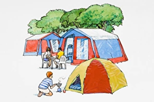Small group of people outside tents at campsite Small group of people outside tents at campsite