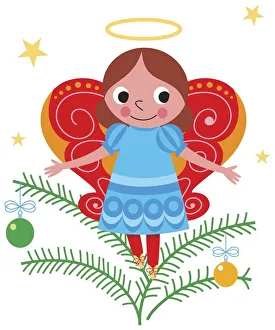 Smiling angel with halo and butterfly wings, standing on Christmas tree twig decorated Smiling angel with halo and butterfly wings, standing on Christmas tree twig decorated