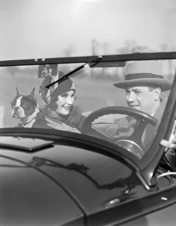 Smiling Couple With Dog Boston Terrier In Front Seat Of Convertible View Through The Smiling Couple With Dog Boston Terrier In Front Seat Of Convertible View Through The