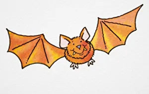 Smiling orange cartoon bat in flight, front view Smiling orange cartoon bat in flight, front view