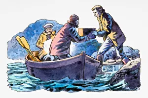 Smugglers in boat handing over their goods Smugglers in boat handing over their goods