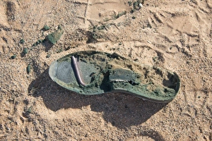 Sole of an old shoe lying in the sand, Sossusvlei, Namib Naukluft Park, Namibia Sole of an old shoe lying in the sand, Sossusvlei, Namib Naukluft Park, Namibia