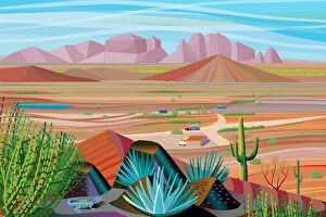 Landscape paintings Collection: Sonora Desert Landscape looking out from cactus mountaintop to valley and mountains in distance