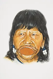 South America, head of lowland Amerindian woman with stretched lips holding traditional lip plate in her mouth South America, head of lowland Amerindian woman with stretched lips holding traditional lip plate in her mouth