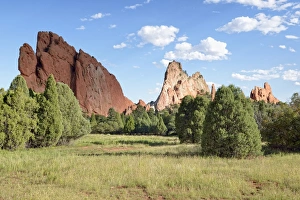 South Gate Rock, left, and Cathedral Rock, Garden of the Gods, red sandstone rocks South Gate Rock, left, and Cathedral Rock, Garden of the Gods, red sandstone rocks
