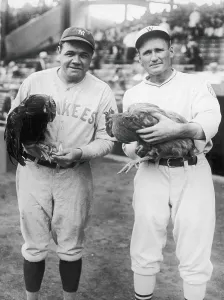 Baseball Stadium Prints: 1927 Baseball Print featuring Babe Ruth and Walter Johnson with Chickens