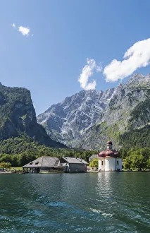 St. Bartholomae in Konigssee in front of the Watzmann, Berchtesgaden National Park, Berchtesgadener Land district St. Bartholomae in Konigssee in front of the Watzmann, Berchtesgaden National Park, Berchtesgadener Land district