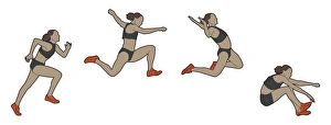 Four stages of athlete performing hang technique long jump Four stages of athlete performing hang technique long jump