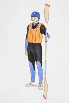 Life Jackets Gallery: Standing man wearing wetsuit, helmet and buoyancy aid, holding a double-bladed paddle