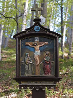 Station on a way of the cross on Riederstein mountain, station XII, Jesus dies on the cross, Mangfall Mountains, Tegernsee valley, Upper Bavaria, Bavaria, Germany, Europe Station on a way of the cross on Riederstein mountain, station XII, Jesus dies on the cross, Mangfall Mountains, Tegernsee valley, Upper Bavaria, Bavaria, Germany, Europe