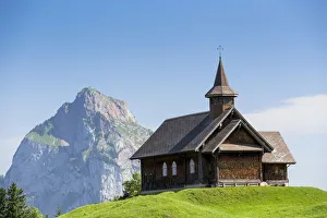 Stoos-Kirche church in front of Grosser Mythen mountain, Stoos, Morschach Stoos-Kirche church in front of Grosser Mythen mountain, Stoos, Morschach