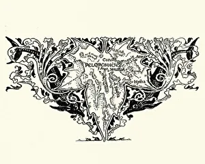 Stylized map of the Peloponnese, Greece, 19th Century Stylized map of the Peloponnese, Greece, 19th Century