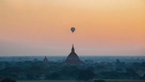 Sulamani pagoda temple with Hot air bolloon in the morining fog and sunrise before Sulamani pagoda temple with Hot air bolloon in the morining fog and sunrise before