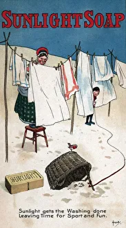 <b class=qtipBold><figcaption>Sunlight Soap</figcaption></b><br>circa 1890: A woman hangs up her washing on the line while her child tries to catch a robin using a propped-up basket and a length of string. The caption reads 'Sunlight gets the washing done, leaving time for sport and fun.' (Photo by Hulton Archive/Getty Images) Sunlight Soap