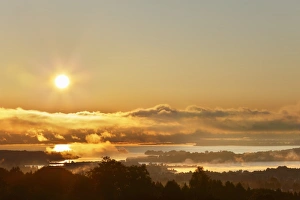 Sunrise on lake Chiemsee, view from Ratzinger Hoehe, Chiemgau, Upper Bavaria, Bavaria Sunrise on lake Chiemsee, view from Ratzinger Hoehe, Chiemgau, Upper Bavaria, Bavaria