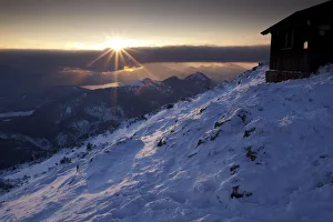 Sunset on Benediktenwand mountain in winter, Benediktbeuern, Bavaria, Germany, Europe Sunset on Benediktenwand mountain in winter, Benediktbeuern, Bavaria, Germany, Europe