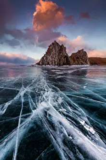 Sunset at the Rock Shamanka. Lake Baikal, winter Sunset at the Rock Shamanka. Lake Baikal, winter
