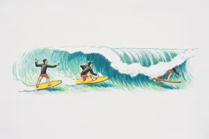 Three surfers balancing on yellow surfboards and tube riding wave Three surfers balancing on yellow surfboards and tube riding wave
