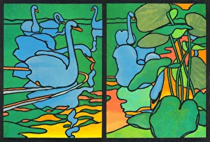 Swans swimming in lake at dawn decorative art nouveau 1898 Swans swimming in lake at dawn decorative art nouveau 1898