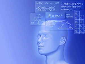 Symbolic image depicting knowledge, blue head with various written tables mathematical Symbolic image depicting knowledge, blue head with various written tables mathematical