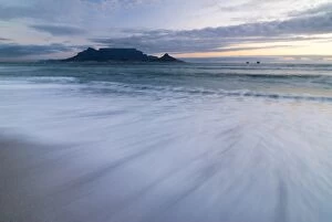 Table Mountain, Lions Head and Devils Peak in the evening light, panoramic views of Cape Town, Bloubergstrand beach